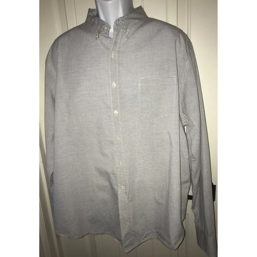 Reed Edward GRAY WHITE Horizontal Stripe L/S Button Down Dress Shirt Sz 2XL EUC